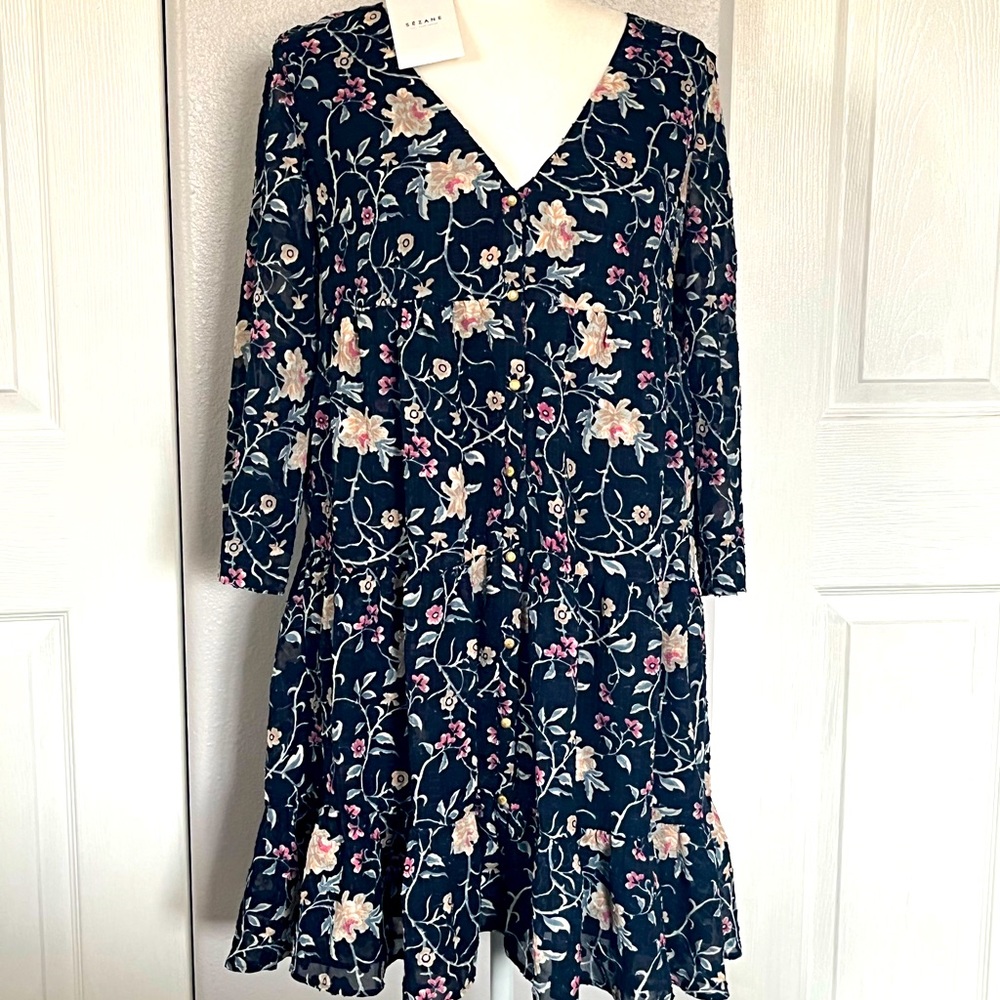 Sezane dress- navy blue with florals size EU 40
